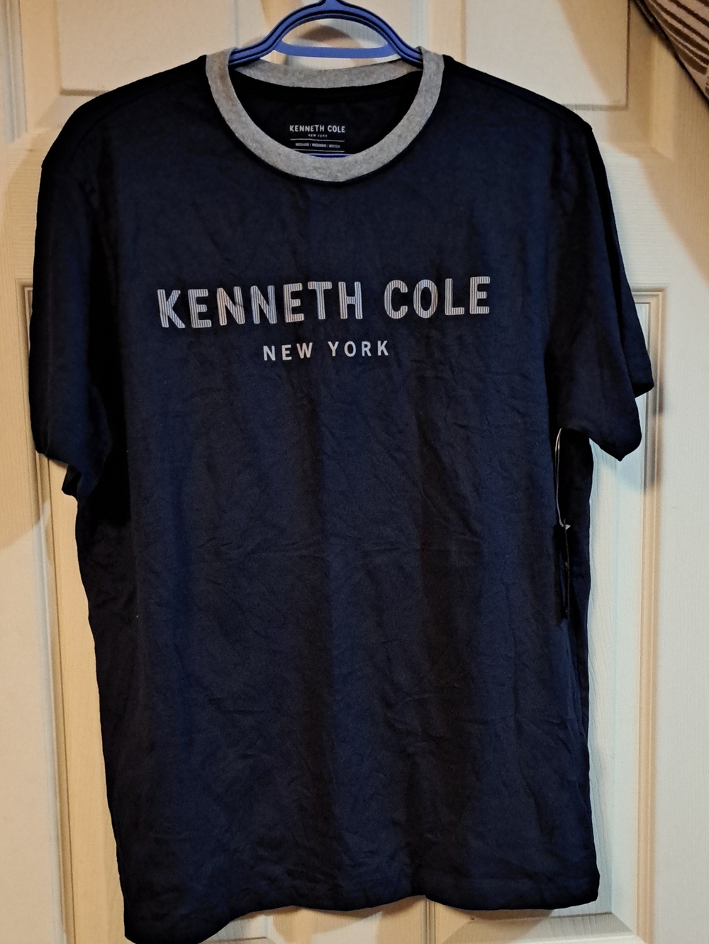 Men's Kenneth Cole Navy Short-Sleeve Logo Tee with Gray Ringer Size M NWT